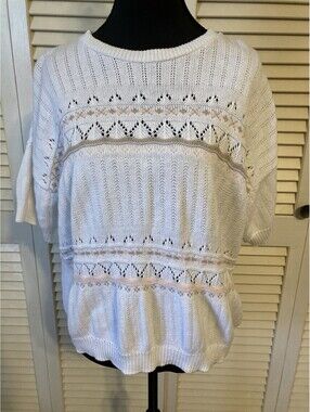 Vtg Cuddle Knit Short Sleeve Knit Sweater Top Size L White Granny Cottagecore